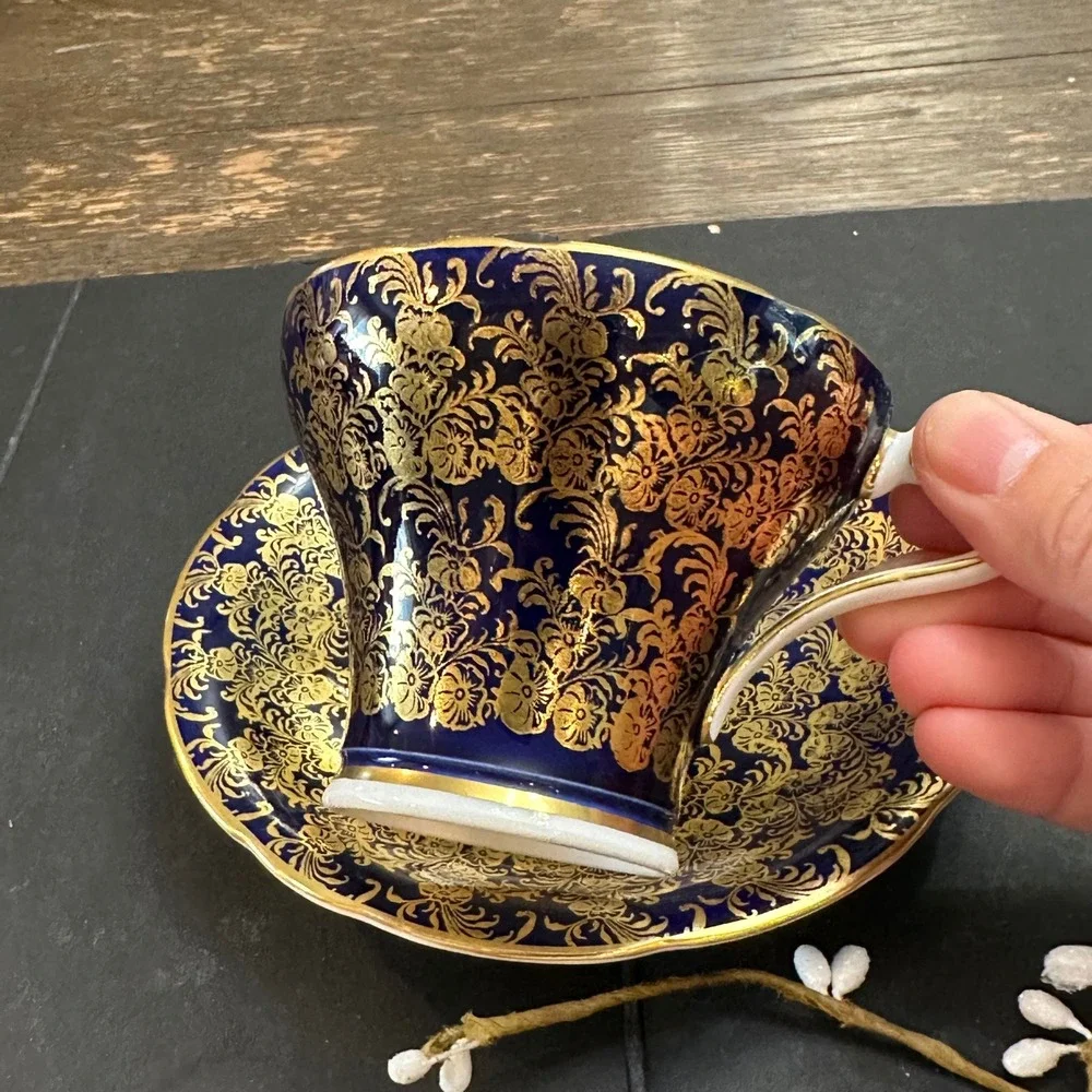 Aynsley England Vintage Cobalt Blue Floral Gilded Chintz Cup & Saucer Set